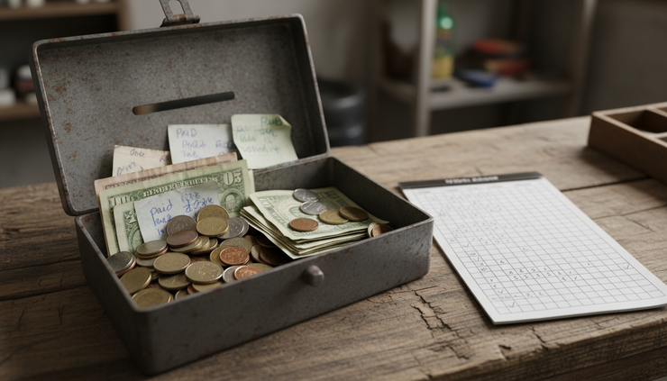 Eye-level view of a cash box with coins, bills, and handwritten payment notes.