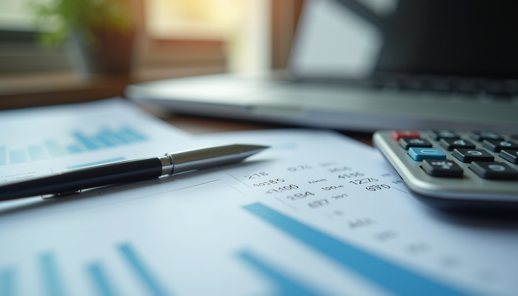 Eye-level view of a desk with a laptop, calculator, and financial documents spread out