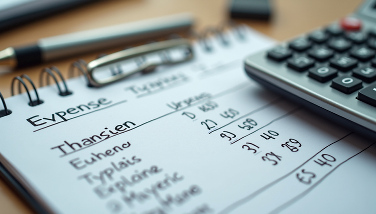 Close-up view of a calculator and a notepad with handwritten expense notes