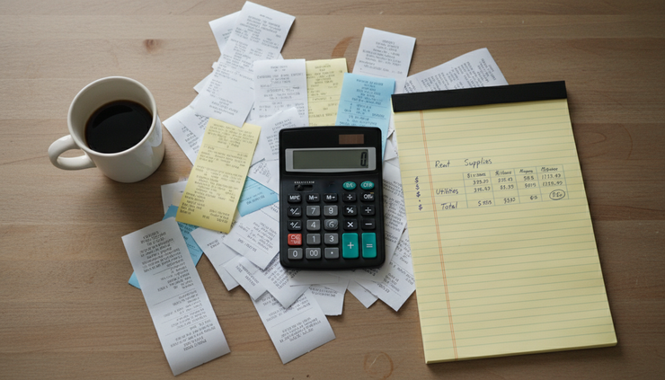 Overhead view of scattered receipts beside a calculator and handwritten notes on a kitchen table.