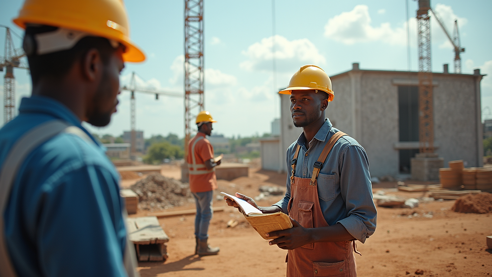 Vue au niveau des yeux d’un chantier de construction à Abidjan avec architecte et ouvriers