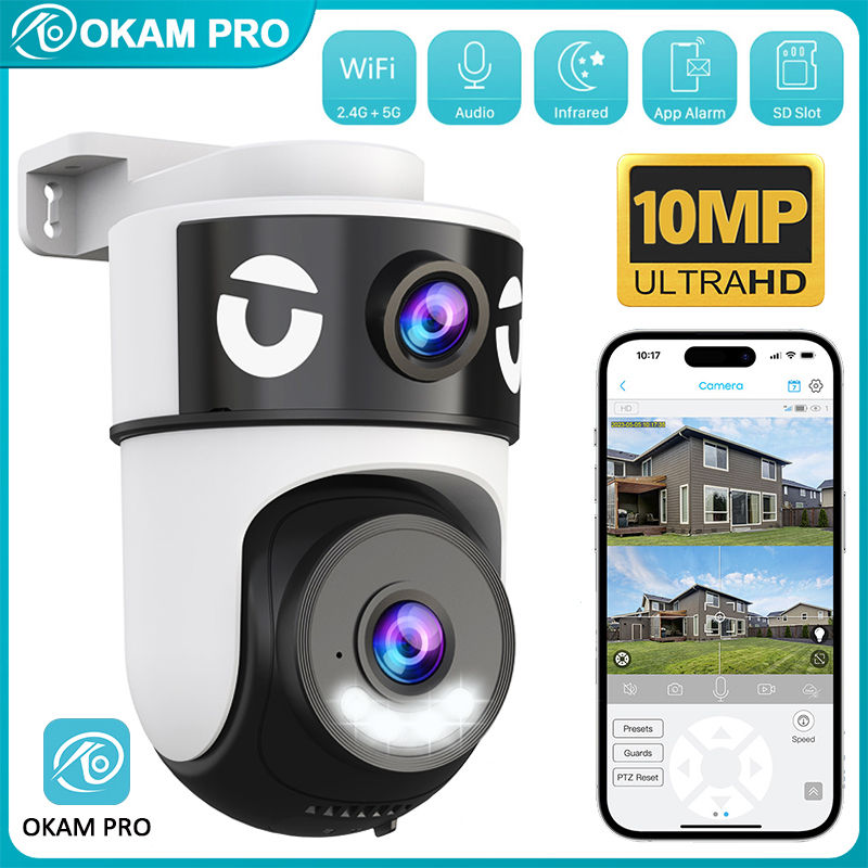 OKAM PRO APP 5G Wi-Fi IP Camera HD 10MP Dual-Lens Camera PTZ Color Night Vision