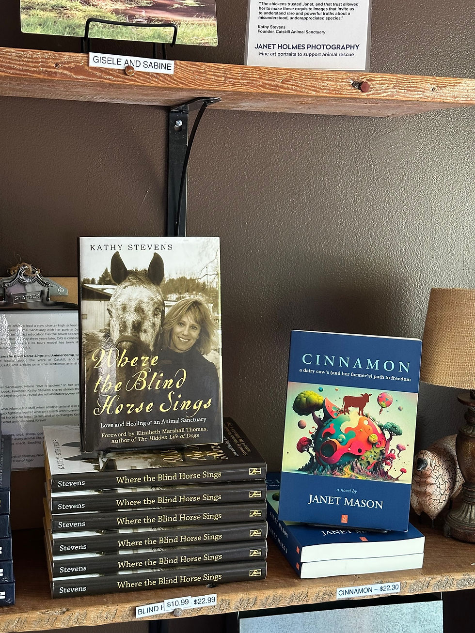 CINNAMON, a dairy cow's (and her farmer's) path to freedom (a novel by Janet Mason published by Adelaide Books) in the Catskill Animal Sanctuary gift shop