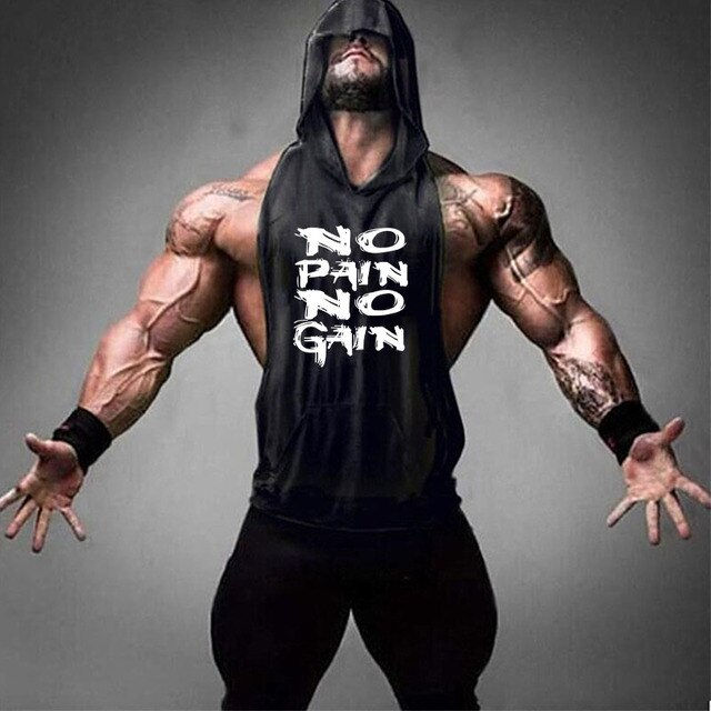 Thumbnail: Front view of men’s hooded tank top cotton bodybuilding gym wear