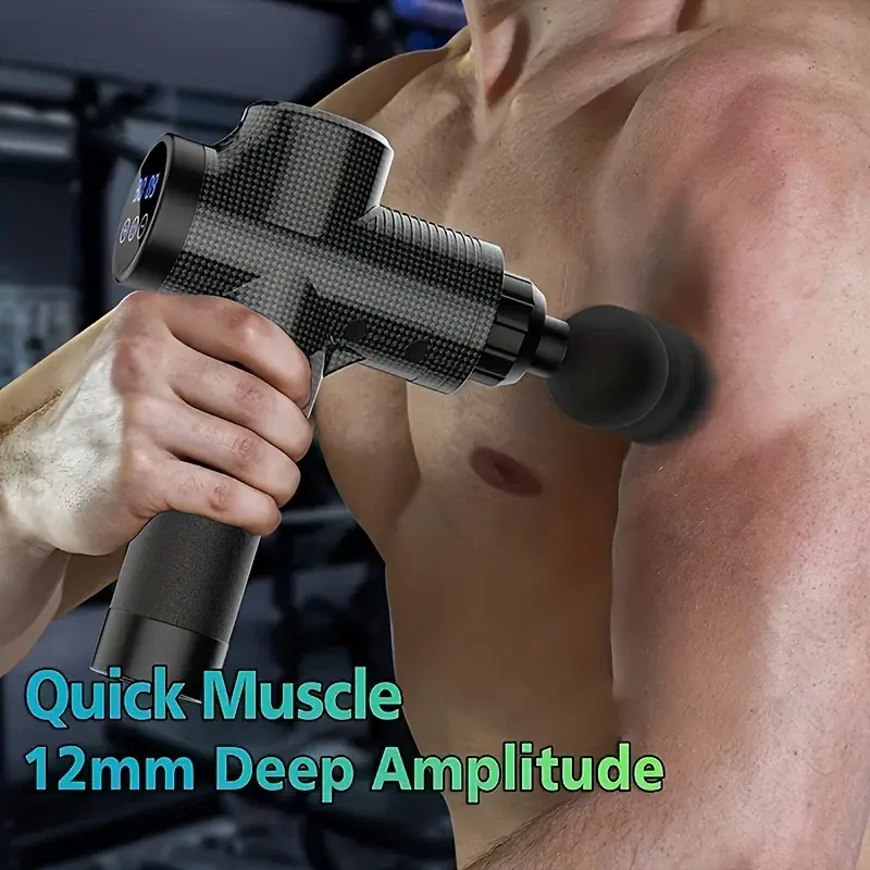 Percussion massage gun with interchangeable heads for back, neck, and legs
