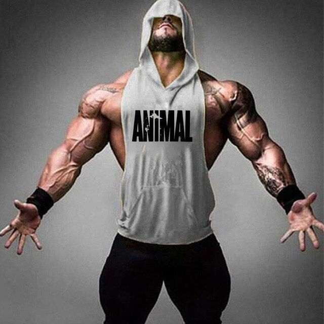 Thumbnail: Front view of men’s hooded tank top cotton bodybuilding gym wear