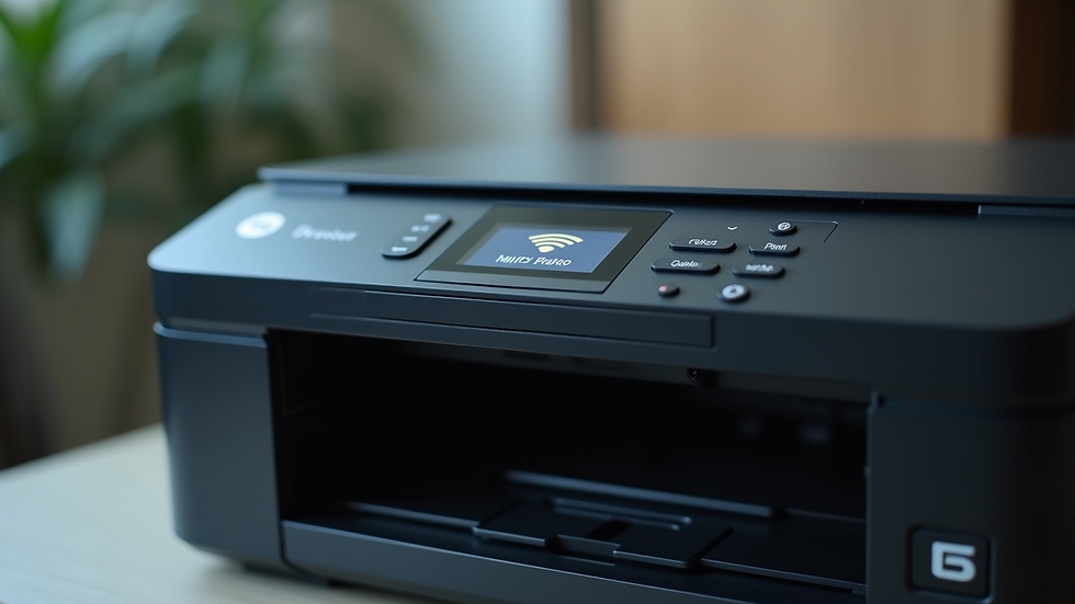 Eye-level view of Brother printer with WiFi signal icon on display