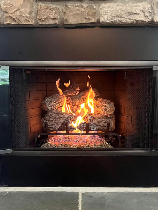 Cozy gas fireplace burning brightly