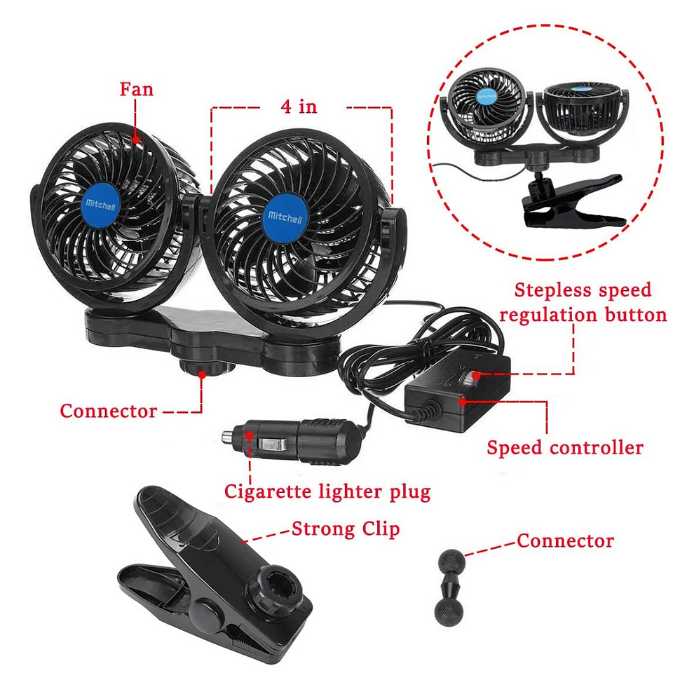 Thumbnail: 12V Adjustable Dual Head Clip Fan, 4 Inches Electric Car