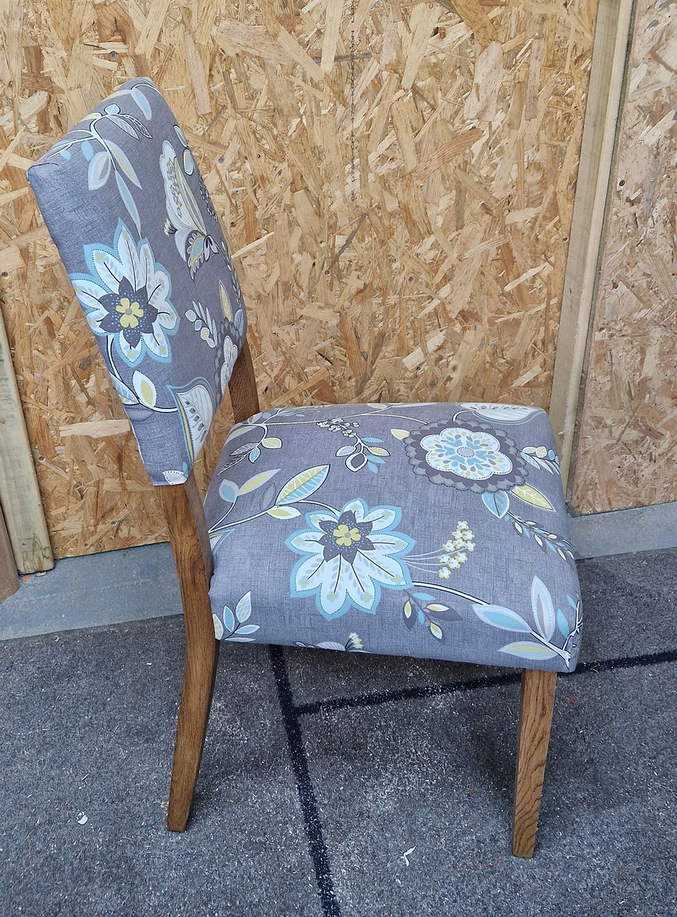 Thumbnail: Six Oak Wood Dining Chairs with a Grey Floral Print Fabric by Studio G