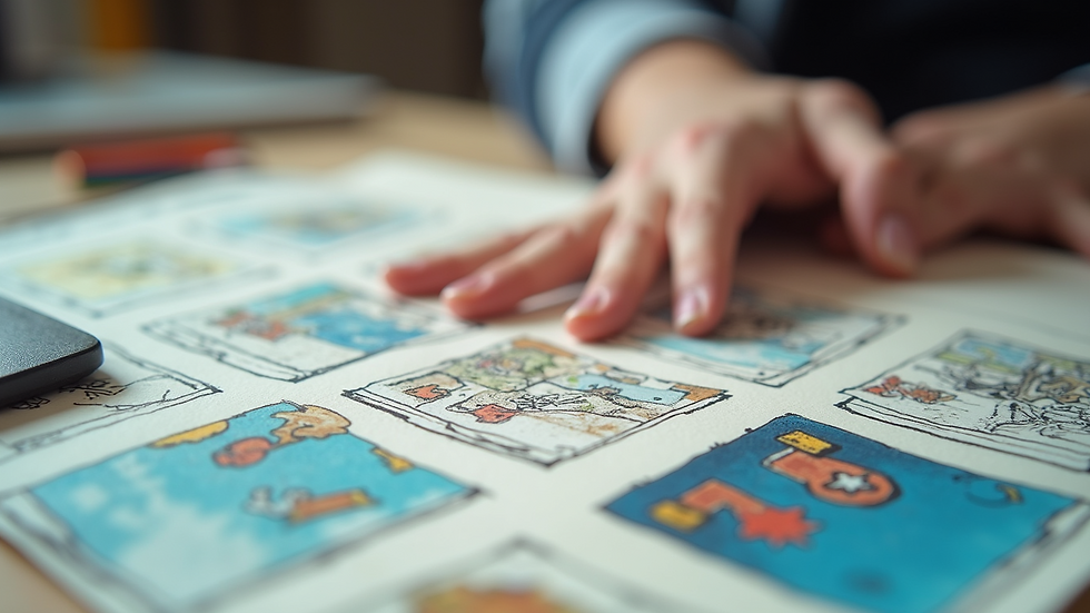 Close-up view of a game design sketchbook with colorful illustrations
