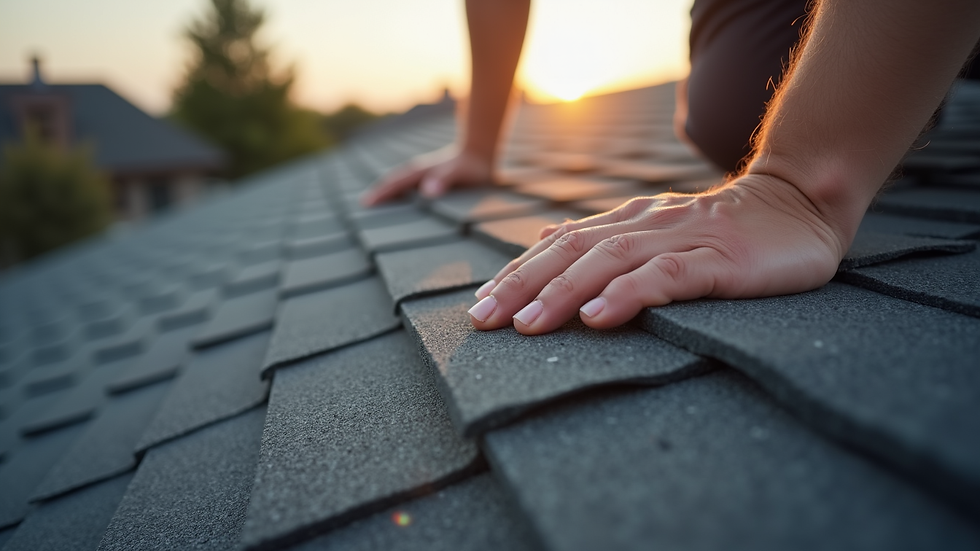 Eye-level view of a person inspecting roof shingles closely