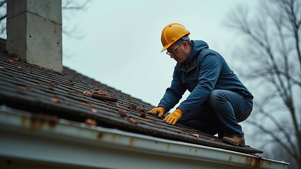 Close-up view of an insurance adjuster inspecting a roof for storm damage