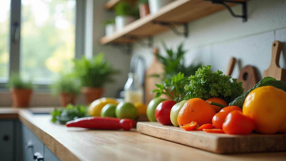 Eye-level view of a kitchen counter with neatly organized fresh vegetables and fruits
