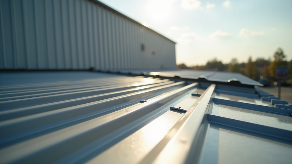 Close-up view of a newly installed metal roof on a commercial building
