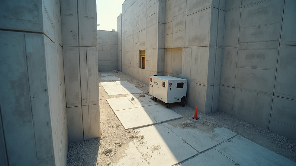 High angle view of construction site with masonry walls and digital equipment
