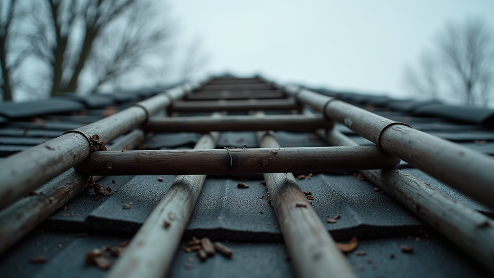 Close-up view of a ladder leaning against a roof with visible damaged shingles