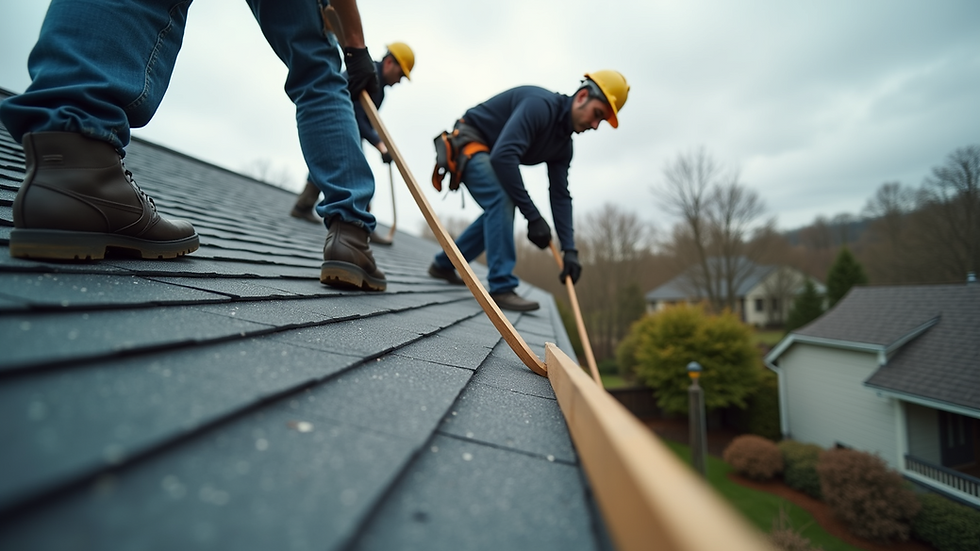 Eye-level view of a roofing team installing shingles on a residential home