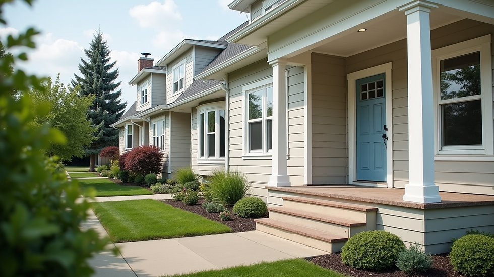 Wide angle view of a freshly painted house exterior with clean siding and trim