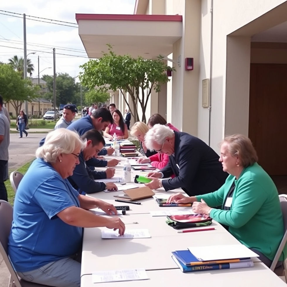 Outdoor community event with people engaged in registration and information exchange at a long table, set up outside a beige building under a clear sky.