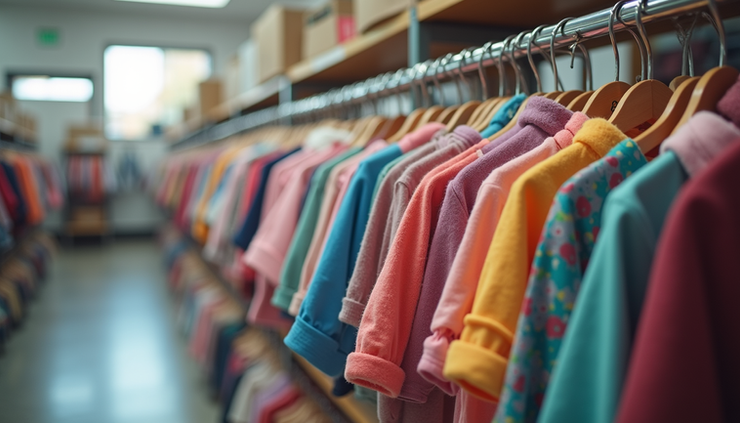 Eye-level view of a neatly organized clothing rack filled with colorful children's clothes in a donation center