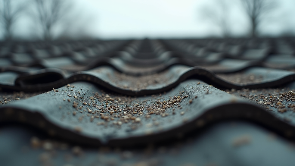 Eye-level view of a roof with curling shingles and granule loss
