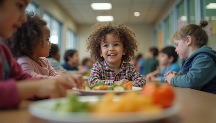 Vista a nivel de ojo de un niño recibiendo una comida nutritiva en un comedor comunitario