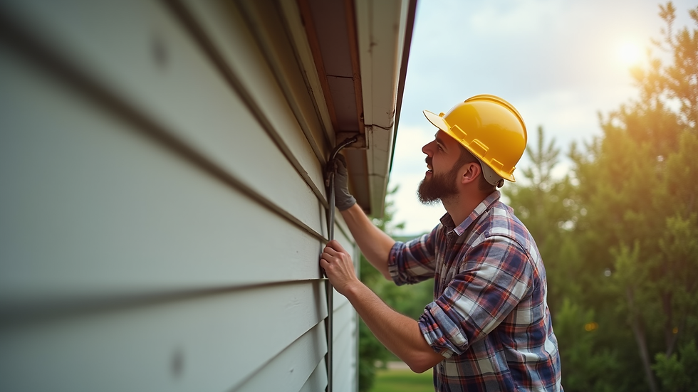 Eye-level view of a homeowner repairing wood siding on a house exterior