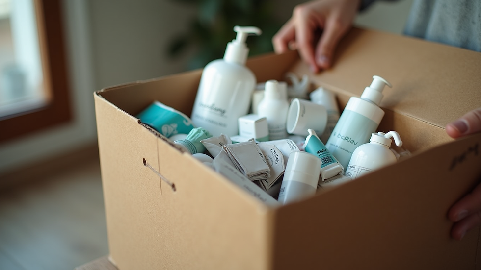 Close-up view of a donation box filled with essentials