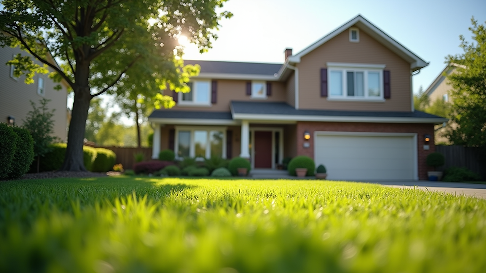 Close-up view of a suburban house with a well-maintained roof and lawn