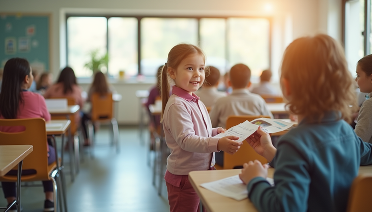 Eye-level view of a child receiving school supplies in a bright classroom