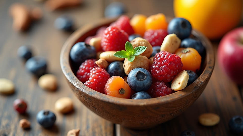 Close-up view of a bowl of colorful mixed fruits and nuts on a wooden table