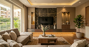 Living room interior design in Bangalore by White Sketch Interiors, featuring a modern TV unit, warm lighting, comfortable seating, balcony view, and elegant wall finishes.