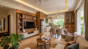 Complete home interiors in Bangalore by White Sketch Interiors, featuring a modern living room, modular kitchen, custom storage, warm lighting, and end-to-end interior design.