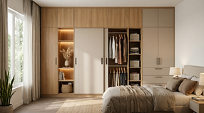 Modern custom wardrobe design in Bangalore by White Sketch Interiors, featuring warm neutral finishes, smart storage, clean lines, and a functional bedroom layout.