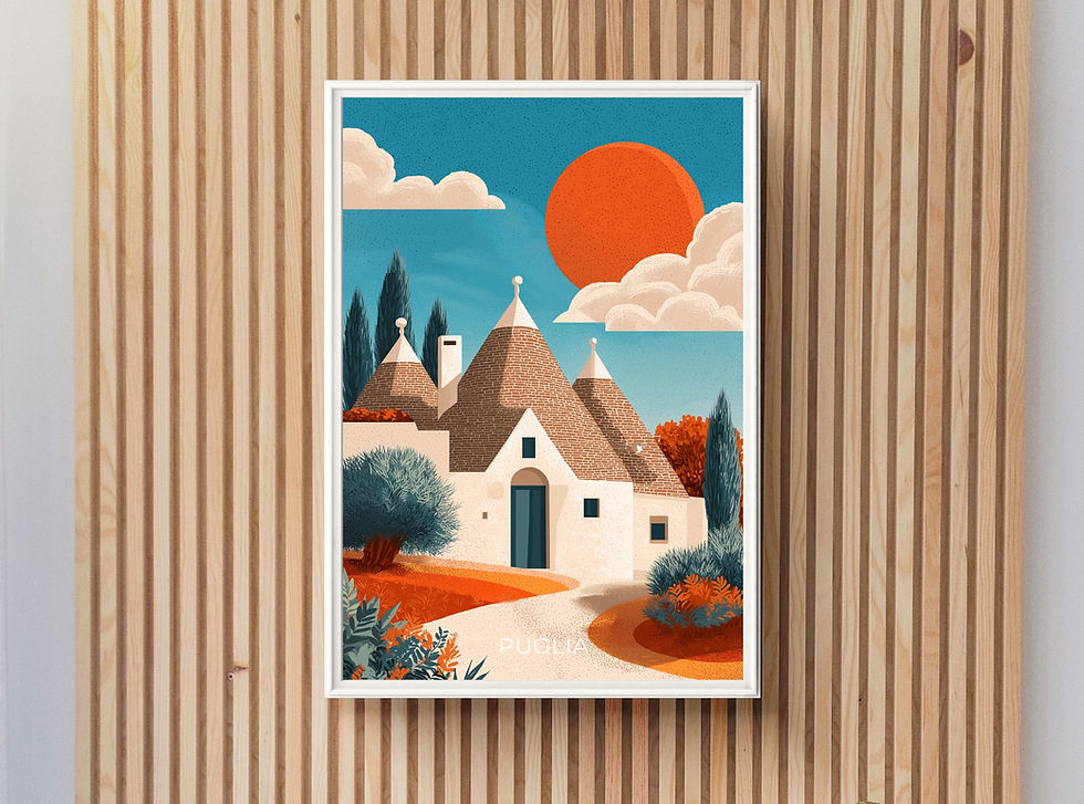 Puglia Italy wall art - retro vintage travel prints and posters of Puglia to buy for living rooms, kitchen, dining room, study, hallway and bar in sizes A1, A2, A3, A4 and A5 prints, framed and unframed