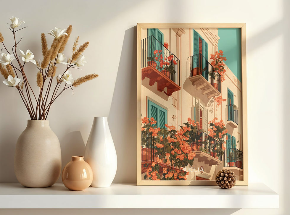 Puglia Italy wall art - retro vintage travel prints and posters of Puglia to buy for living rooms, kitchen, dining room, study, hallway and bar in sizes A1, A2, A3, A4 and A5 prints, framed and unframed