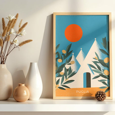Puglia Italy wall art - retro vintage travel prints and posters of Puglia to buy for living rooms, kitchen, dining room, study, hallway and bar in sizes A1, A2, A3, A4 and A5 prints, framed and unframed