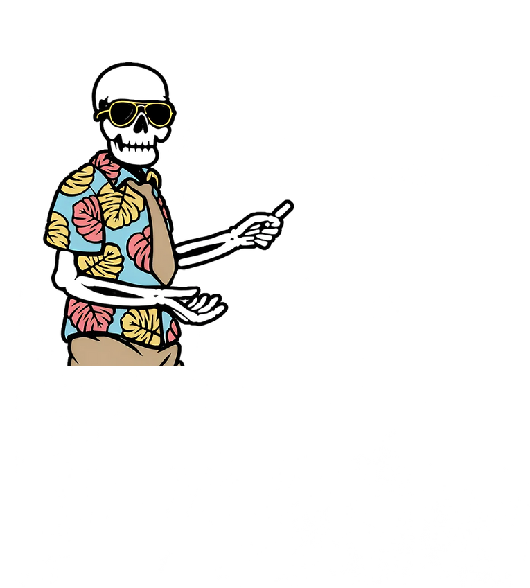 A brightly colored skeleton mascot pointing as if teaching a class