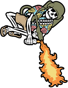 A colorful skeleton using a flamethrower to emit a large flame
