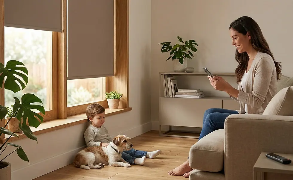 Mujer sonriente usando el móvil en un sofá, niño acaricia perro en el suelo. Interior con plantas y libros. Ambiente acogedor y relajado.