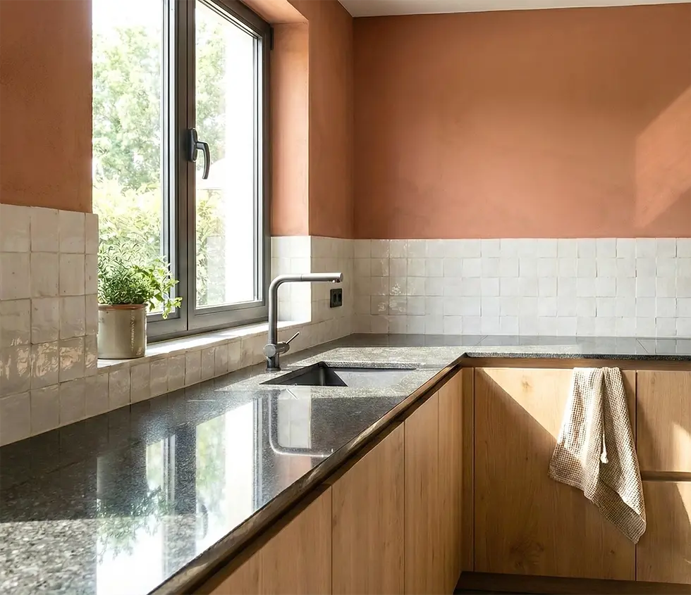 Cocina con encimera gris oscuro y mueble de madera, paño colgado. Ventana amplia, luz natural, planta en maceta, paredes color terracota.