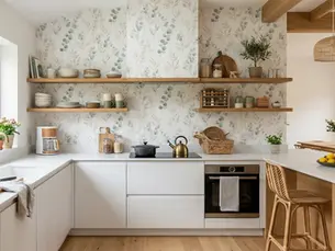 Cocina moderna y luminosa con estantes de madera, vajilla, plantas y fondo floral. Encimera blanca con cafetera y utensilios. Ambiente acogedor.