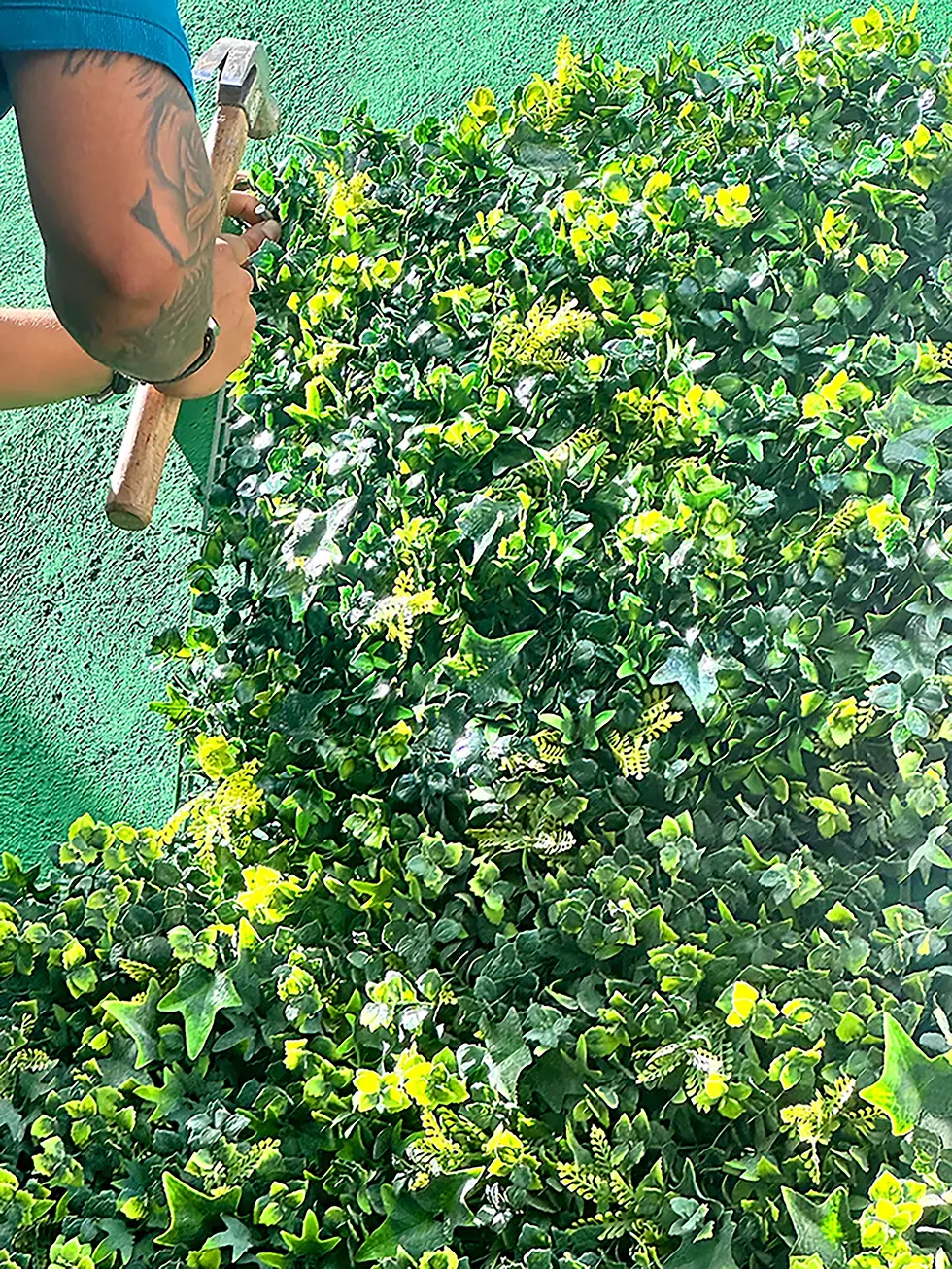 Primer plano de las manos de una persona utilizando un martillo para fijar un panel de follaje artificial, con hojas tipo hiedra y boj en tonos verdes y amarillos, sobre una pared pintada de verde.