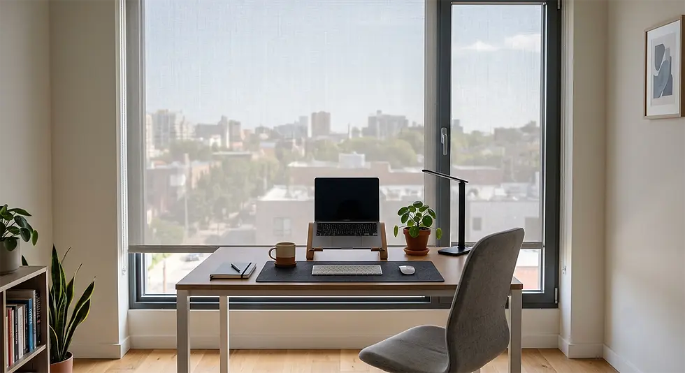 Oficina en casa minimalista con portátil, taza, cuaderno y plantas junto a una gran ventana con vista a la ciudad.