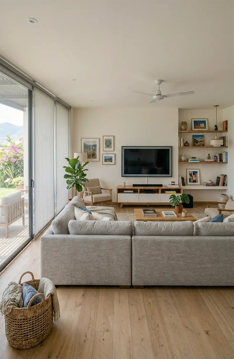 Sala luminosa con un sofá gris, televisor, plantas y estanterías con libros. Ventanales grandes muestran un jardín. Ambiente acogedor.