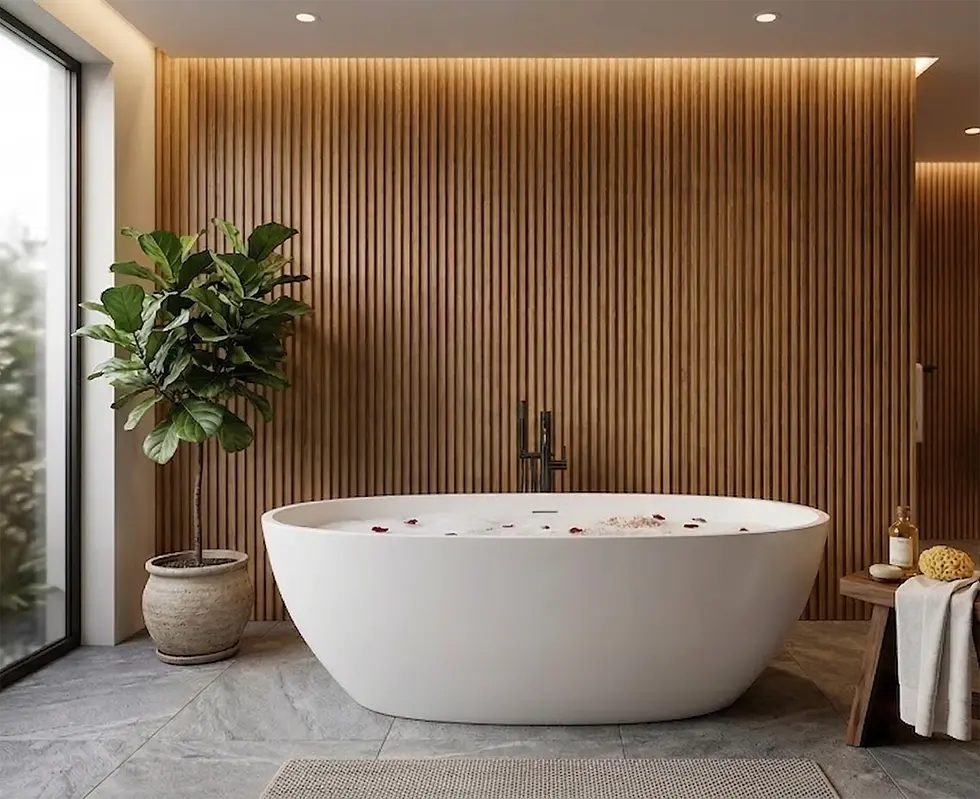 Baño elegante con bañera blanca ovalada, fondo de paneles de madera, planta en maceta y ventana grande. Ambientes cálidos y relajantes.