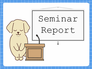 Illustration of a seminar presentation with a speaker at a podium and a screen displaying “Seminar Report”.