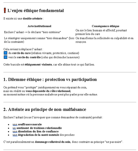 Que devient l’éthique du soin lorsque les aidants sont traités comme des variables externes ou instrumentalisés pour légitimer la contrainte ?