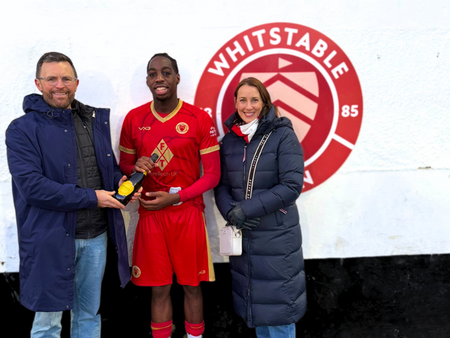Pure Cloud Accounting presenting the Man of the Match award to Ronald Sithole at Whitstable Town FC during the Kent Senior Trophy quarter final.